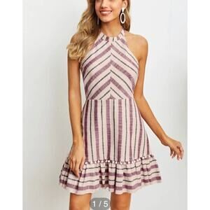 Shein Pompom Ruffle Hem Striped Halter Dress Size Small